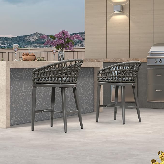 PURPLE LEAF Outdoor Rattan 24" Counter Height Bar Stools Chair Set of 2 - Image 7