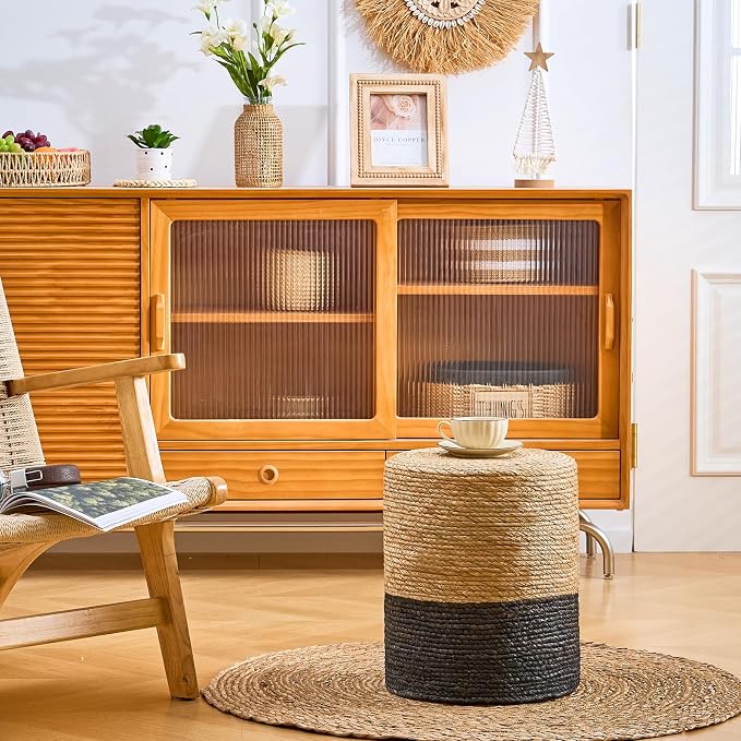 Wimarsbon Natural Seagrass Foot Stool, Hand Weaving Round Ottoman, - Image 4