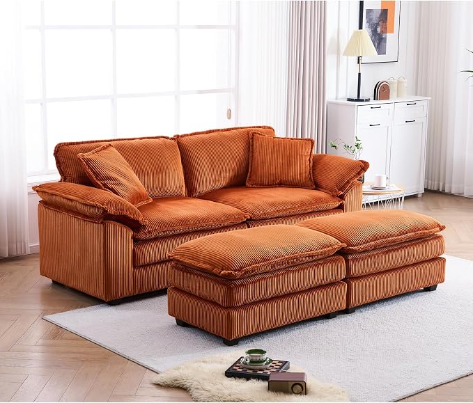 84.6” Corduroy Loveseat with Ottoman, Oversized Double Chaise Lounge Chair - Image 9