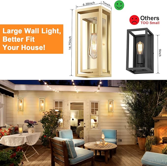 15" Large Gold Outdoor Light Fixture Wall Mount, Waterproof Outdoor Sconces - Image 7