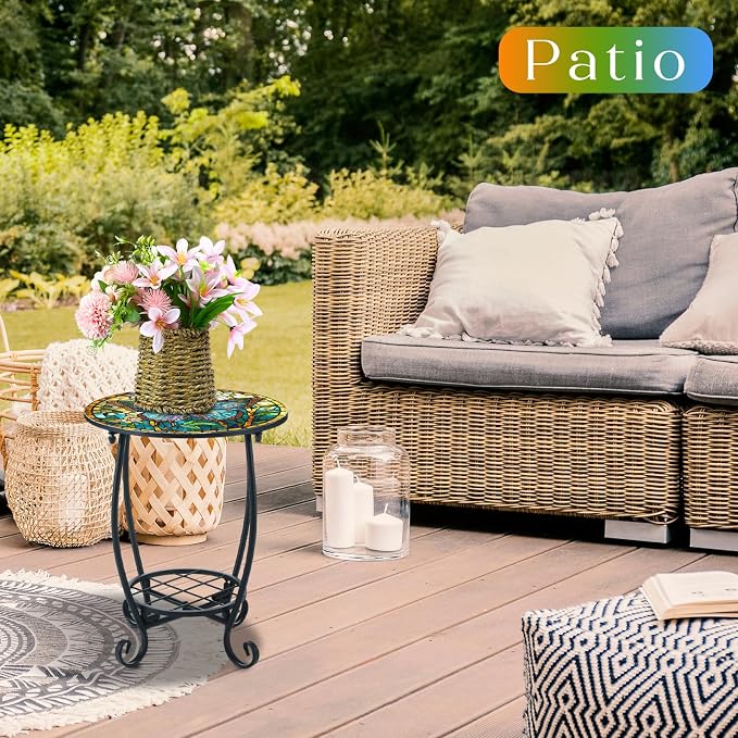 Outdoor Side Table Round Small Mosaic Patio Accent Indoor End Plant Coffee Tea - Image 2