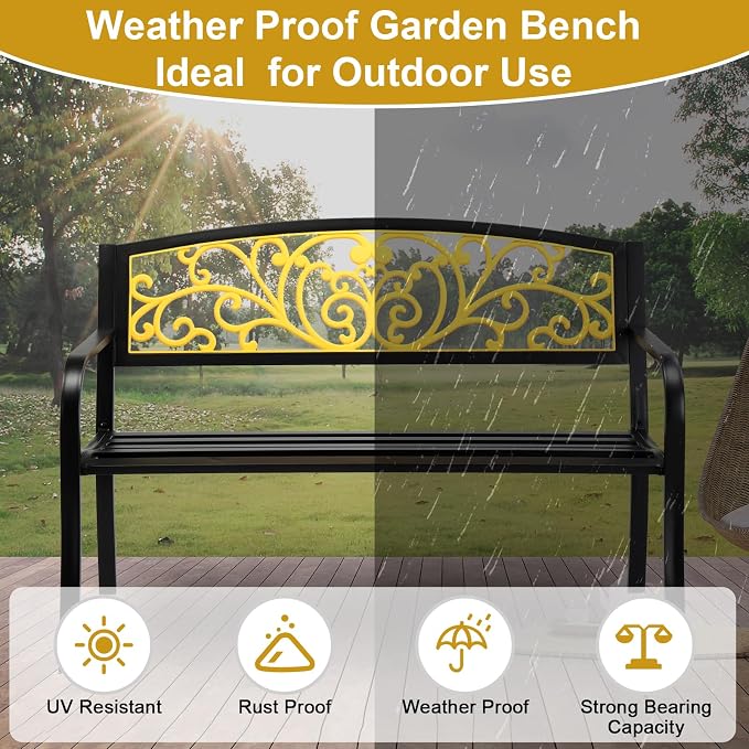 VINGLI Outdoor Bench for Patio Metal Garden Bench w/PVC Back Pattern - Image 5