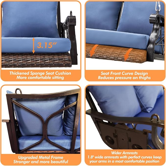 Heavy Duty 900 LBS Porch Swing Chair 3-Person Outdoor Rattan Patio Swing Lounge - Image 4