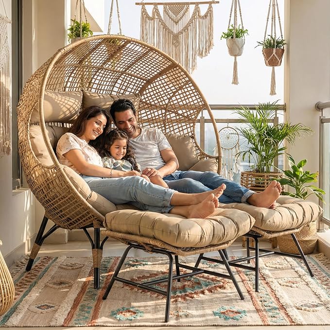 NICESOUL Double Egg Chair with Footstools & Cushions, Oversized Wicker Boho - Image 3