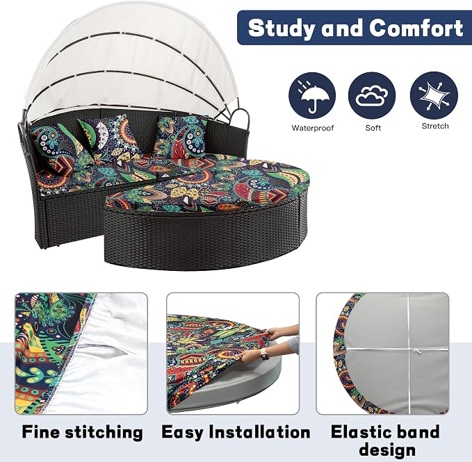 66" Round Daybed Cushion Cover & 3 Pillow Covers Set - Image 4