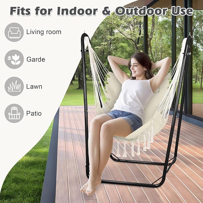 Hammock Chair with U Shape Stand, Cotton Swing Chair with Side Pocket, - Image 6