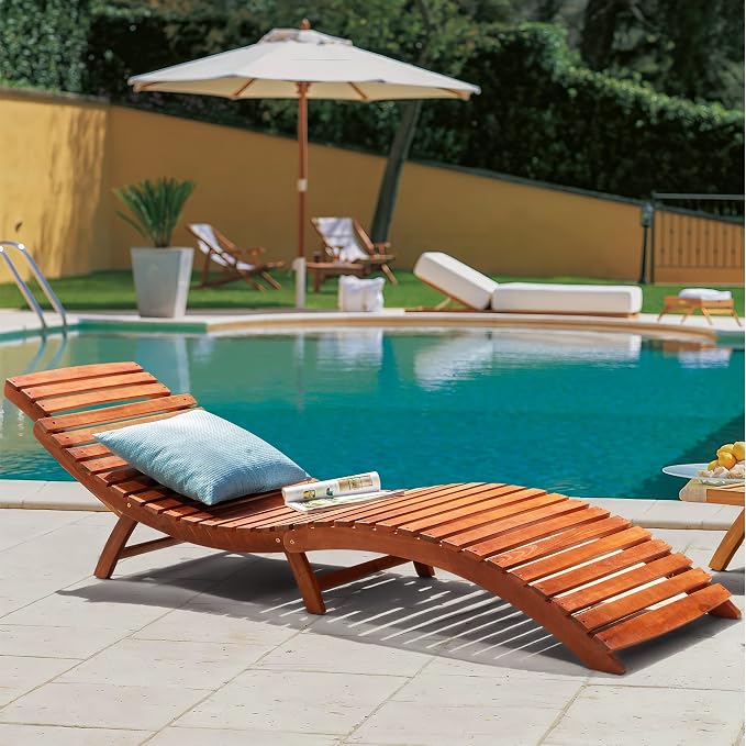 Greesum Wood Folding Chaise Lounge Chair, Weatherproof Extended Sun Lounger - Image 3
