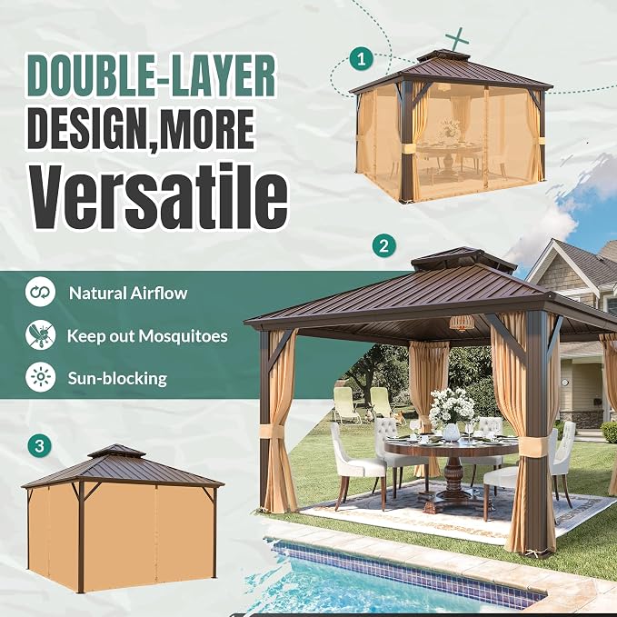 MELLCOM 10' x 10' Gazebo, Hardtop Double Roof Gazebo - Image 3