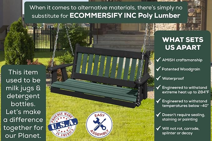 Mission Poly Lumber Wood 5FT Porch Swing Amish Craftsmandship Made in USA HDPE - Image 3