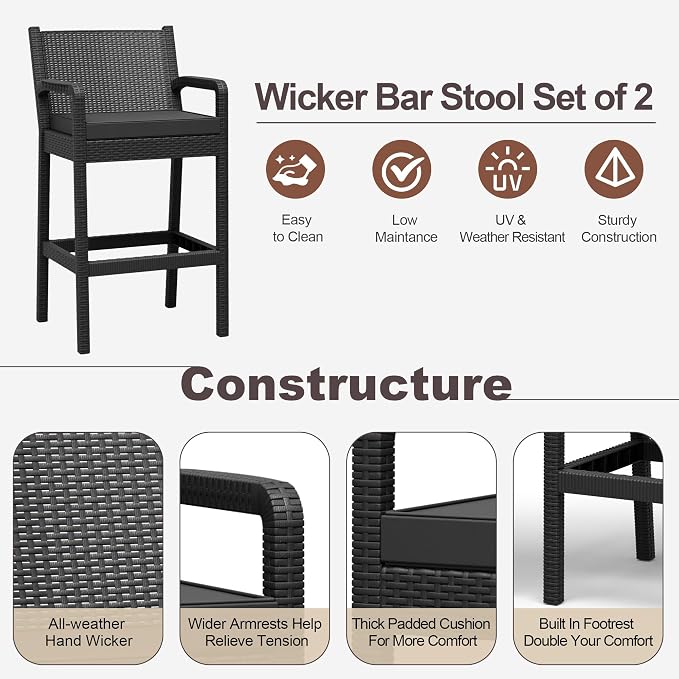 Outdoor Bar Stools Set of 2, Wicker Bar Chair - Image 3
