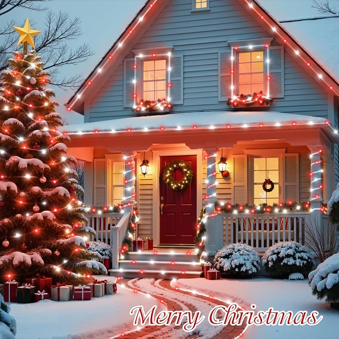 QITONG Red and White Solar Rope Lights, 2 Pack Each 33ft 100 LED Christmas - Image 7