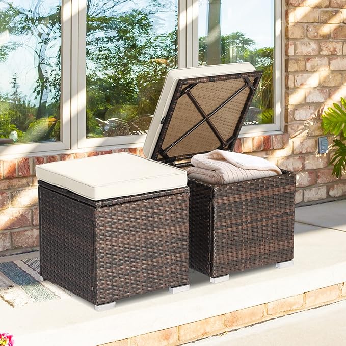 Tangkula 2 Pieces Patio Ottomans, Patiojoy Hand-Woven PE Rattan Side Table - Image 4