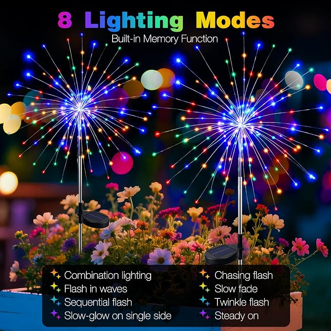 btfarm 4 Pack 120 LED Solar Garden Lights Outdoor, 8 Modes Firework Lights - Image 4