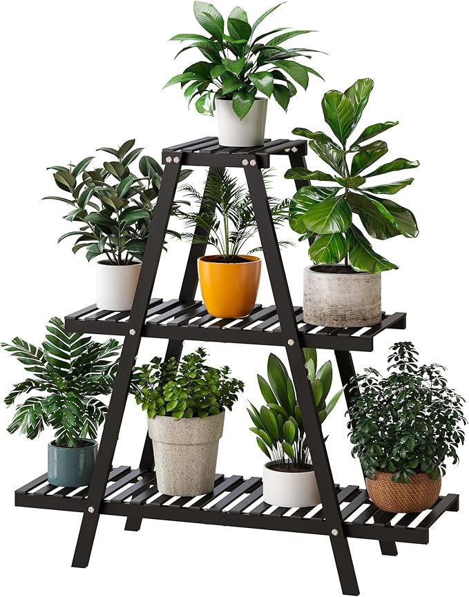 Bamboo Plant Stand Indoor/Outdoor, Rectangular, 8 Potted Flower Holder Ladder by Furshus