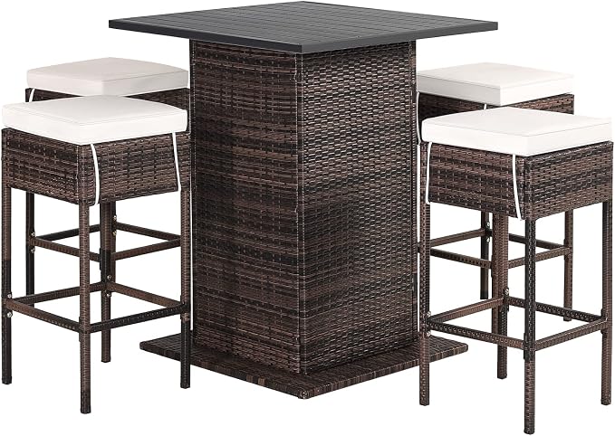 HAPPYGRILL 5 Piece Rattan Bar Set Outdoor Wicker Bar Table and 4 Bar Stools by HAPPYGRILL