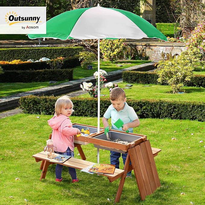 Outsunny Kids 3 in 1 Sand and Water Table, Wooden Outdoor Convertible Picnic - Image 2