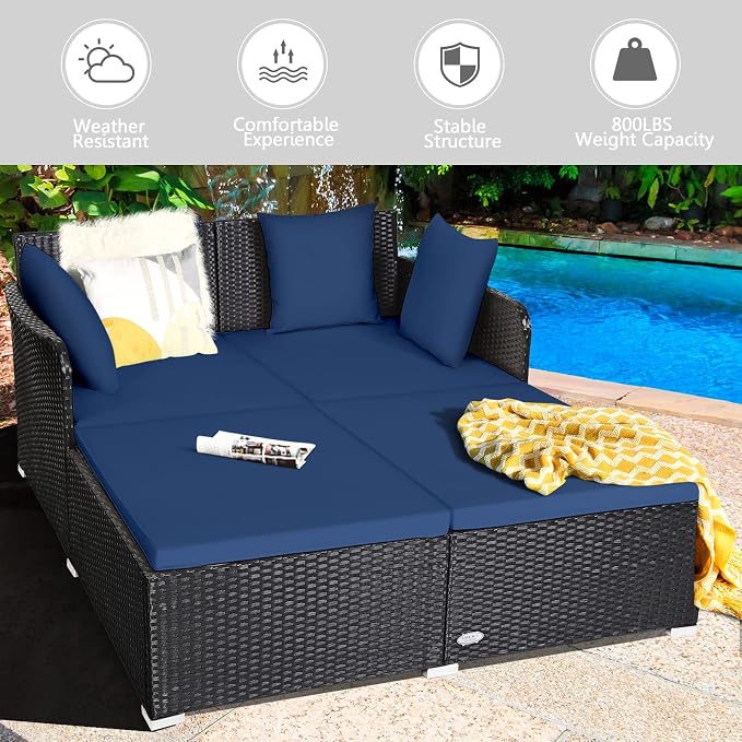 Outdoor Rattan Daybed, Patio Loveseat Sofa Set w/Comfortable Cushions, Extra - Image 3