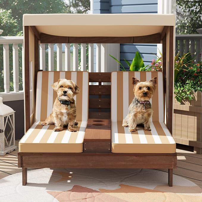Costzon Kids Lounge Chair Outdoor, Wood Double Seat Chaise Lounge - Image 8
