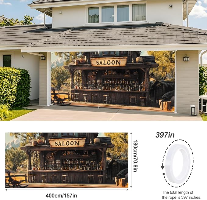 ANNA QUEEN Saloon Garage Door Banner 6x13FT, Western Bar Garage Door Cover - Image 3