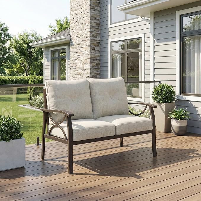 RoyalCraft Patio Loveseat, All-Weather Outdoor 2 Seats Sofa Couch, Khaki Metal - Image 6