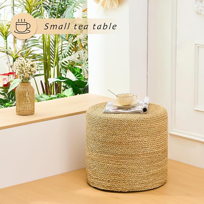 Handwoven Ottoman Pouf, Natural Seagrass Footstool, Round Braided Outdoor Seat - Image 2