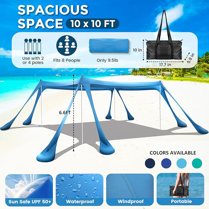 Beach Canopy Beach Tent Pop Up Shade 10x10ft Sun Shelter UPF50+ - Image 2