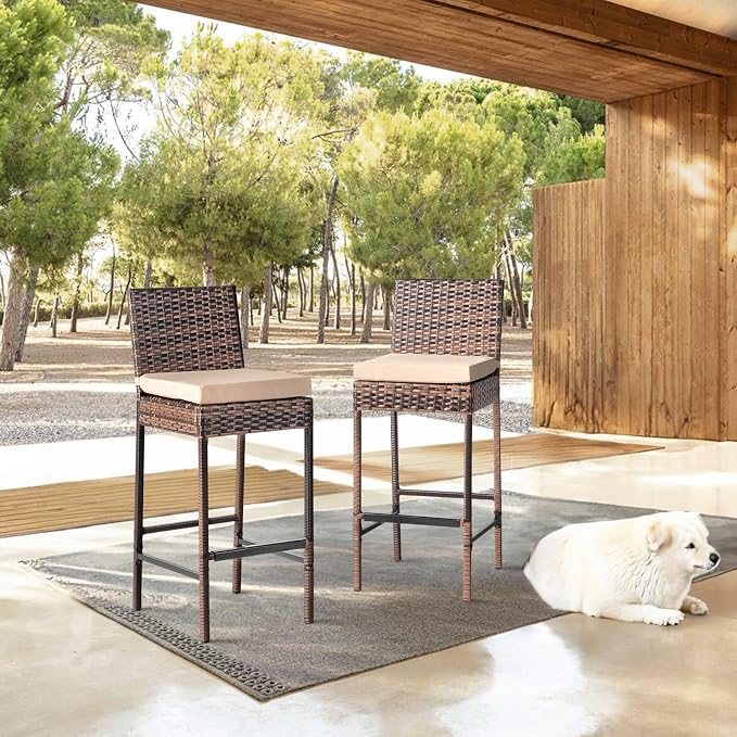 VINGLI Outdoor Wicker Bar Stool Set of 2, Patio Bar Stools w/Cushion, Bar - Image 6