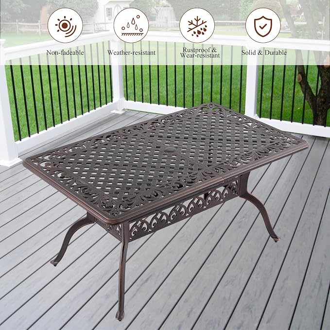 60" Cast Aluminum Outdoor Dining Table – Rectangular Red Copper Patio Table - Image 4