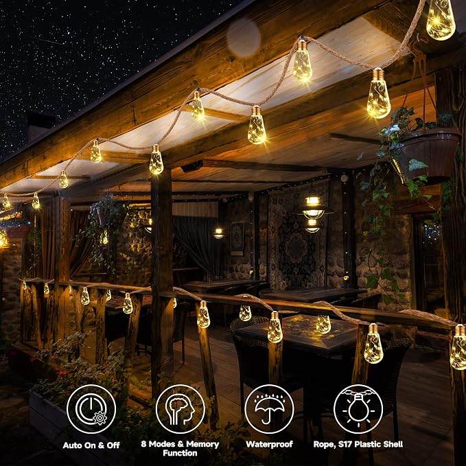 Solar Outdoor String Lights, 2 Pack 20Ft Vintage Rope Hemp Solar Patio Lights - Image 2