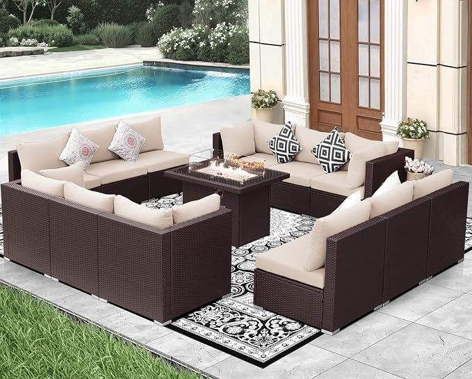 NICESOUL 13 Piece Patio Furniture w/Fireplace, Elegant Outdoor Seating w/Firepit - Image 2