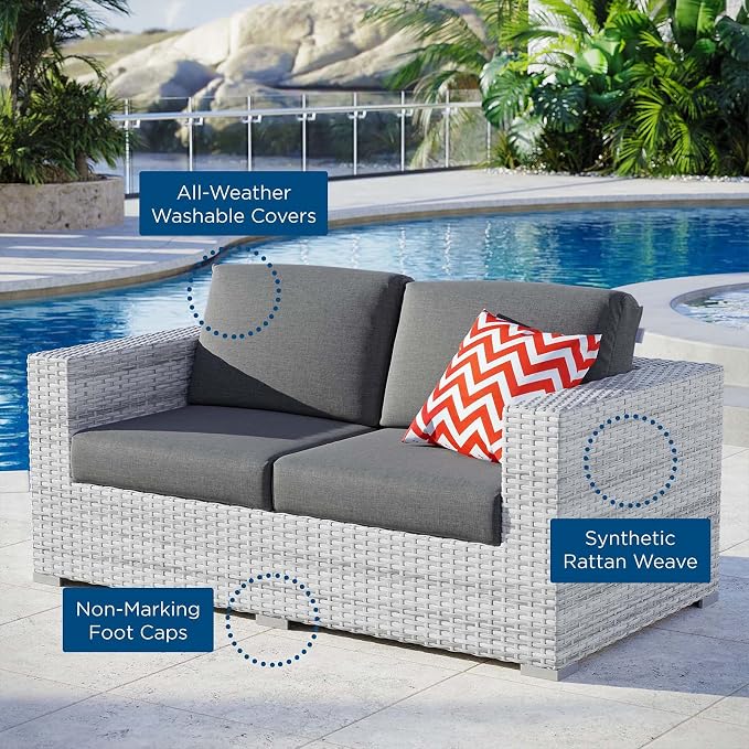 Modway Convene Wicker Rattan Outdoor Patio Loveseat in Light Gray Charcoal - Image 7