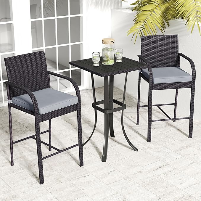 Tangkula 3 Piece Patio Wicker Bar Set, Outdoor Rattan Counter Height Cushioned - Image 2