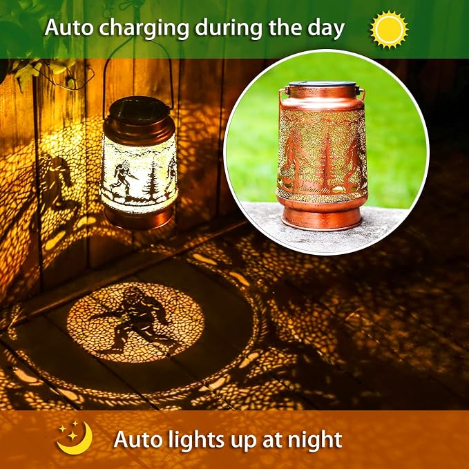 2 Pack Bigfoot Outdoor Solar Hanging Lanterns Waterproof LED Solar Lights Metal - Image 5