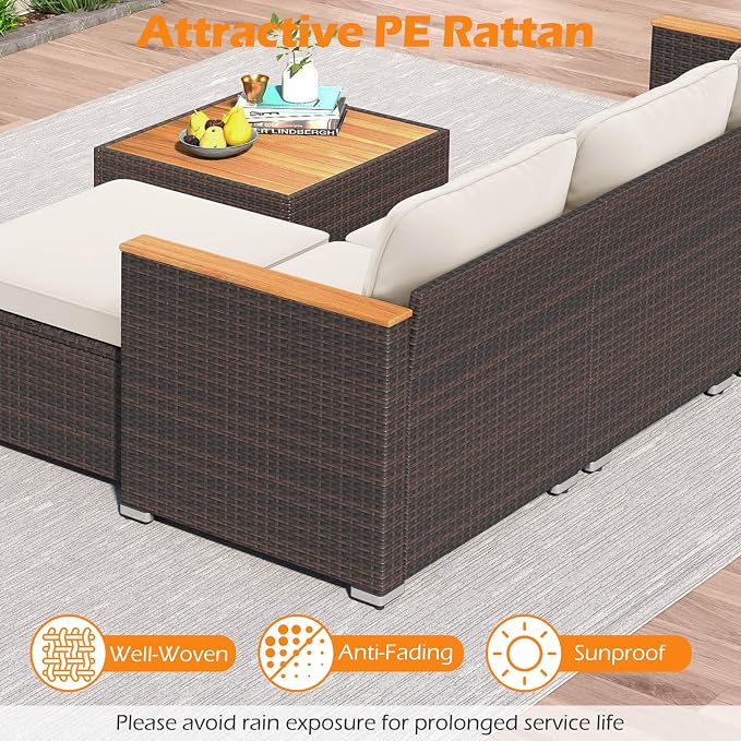 Tangkula 5 Pieces Outdoor Patio Furniture Set, L Shaped Rattan Cushioned Chairs - Image 8