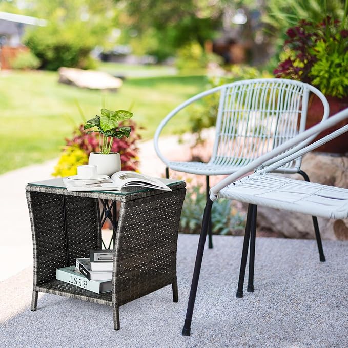 Outvita Outdoor Side Table, Rattan Coffee Table Small End Table - Image 2