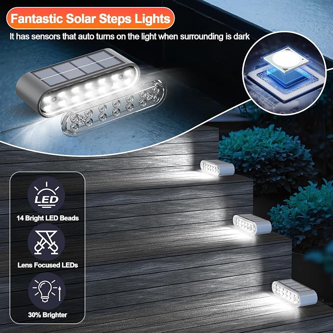 Solar Step Lights for Outside, 14 LED Cool White Light Solar Powered Lighting - Image 2