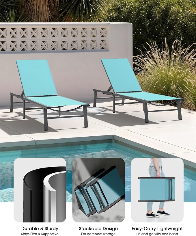 Aluminum Outdoor Lounge Chairs Set of 2- No Assembly Needed, Foldable Patio - Image 5