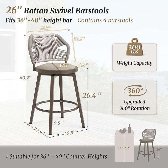 360° Swivel Outdoor Bar Stools Set of 4, Modern Aluminum Wicker Bar Stool - Image 2