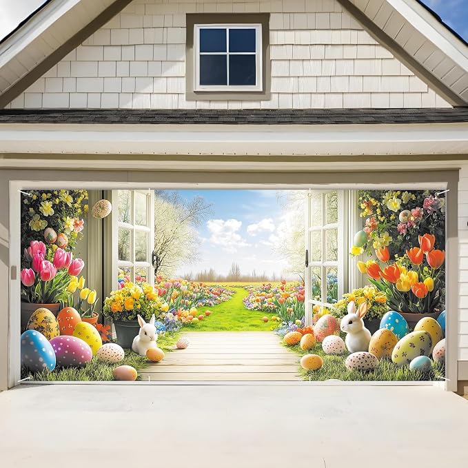 ANNA QUEEN Easter Garage Door Banner 6x13FT, Spring Garden Window Scene by ANNAQUEEN