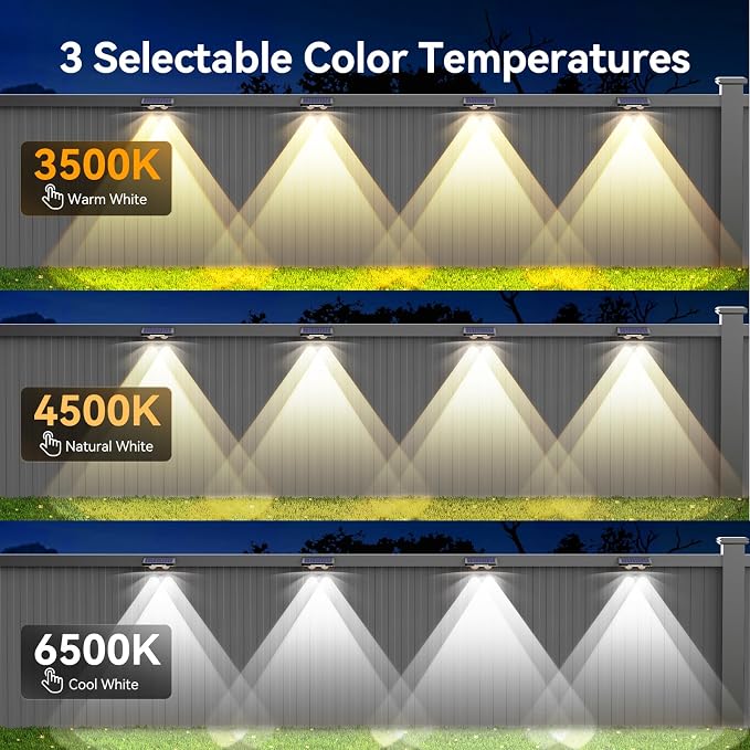 TECKNET Solar Fence Lights Outdoor 6 Pack, 3 Modes 3500K/4500K/6500K, IP66 - Image 2