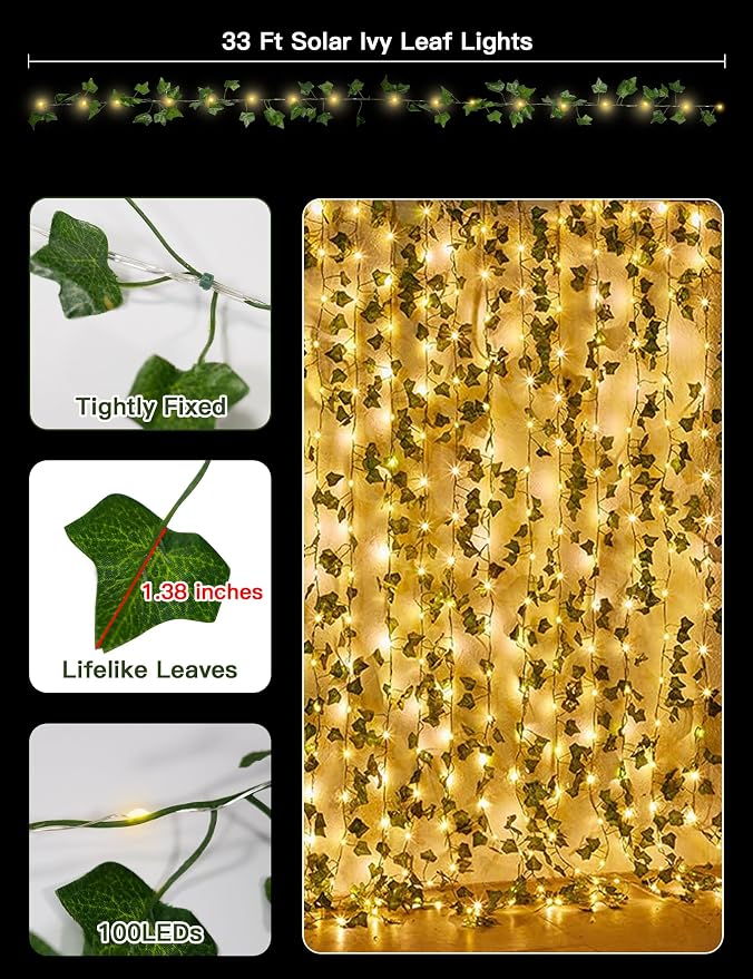 suddus Solar Ivy String Lights Outdoor Waterproof, 33ft 100 LED Fake Vines - Image 7