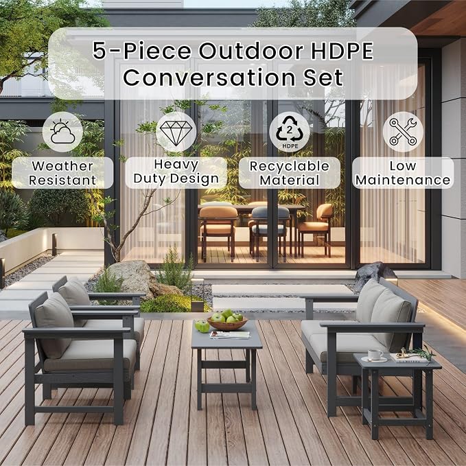 5-Piece Patio Conversation Sets, Weatherproof HDPE Sectional Furniture Set - Image 3