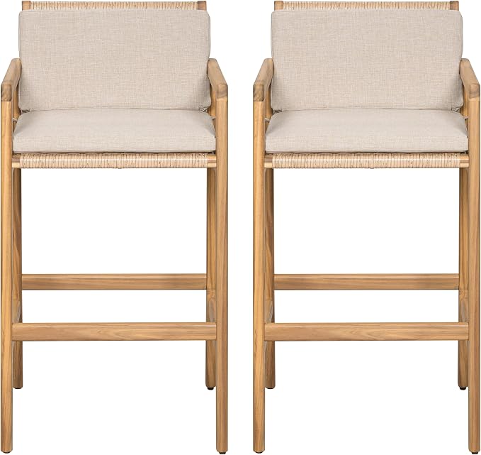 Merax Outdoor Bar Stools Set of 2, Wicker Woven Barstools, Acacia Wood Counter - Image 9