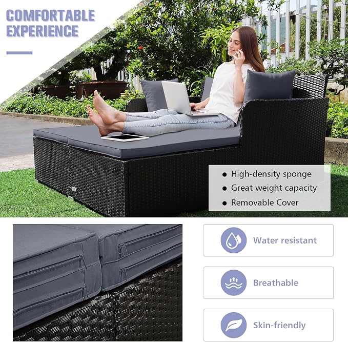 RELAX4LIFE Rattan Patio Outdoor Daybed, Wicker 2-Person Sunbed Loveseat - Image 4