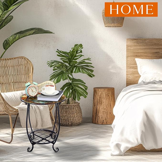 Outdoor Side Table Round Small Mosaic Patio Accent Indoor End Plant Coffee Tea - Image 6