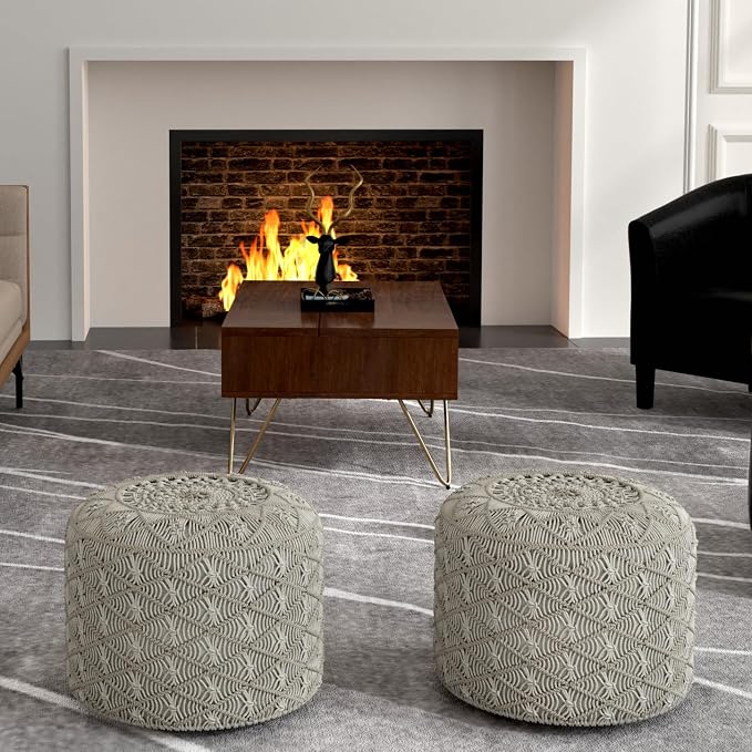 SIMPLIHOME Coates Contemporary Round Macrame Pouf in Cloud Grey Cotton - Image 2