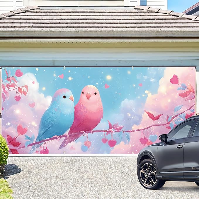 Birds Garage Door Banner 6x13FT, Cute Love Birds Garage Door Cover, Romantic - Image 2