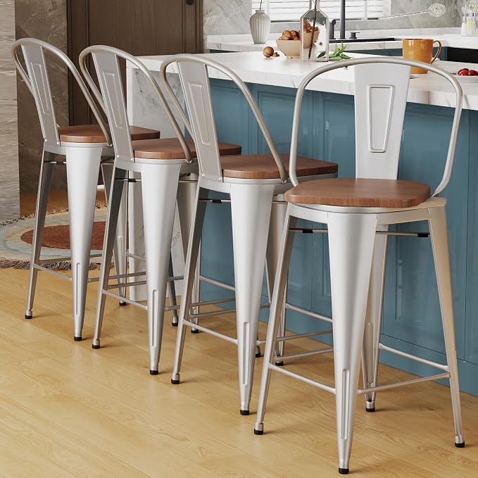Alunaune 26" Swivel Metal Bar Stools Set of 4 High Back Counter Height by HomeFurniture