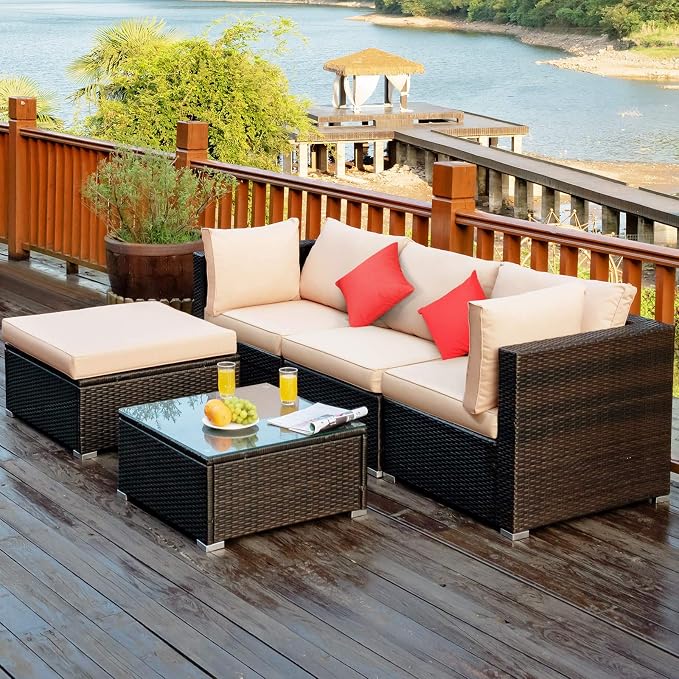 Tangkula 5 Pieces Patio Rattan Furniture Set, Outdoor Sectional Rattan Sofa Set - Image 9