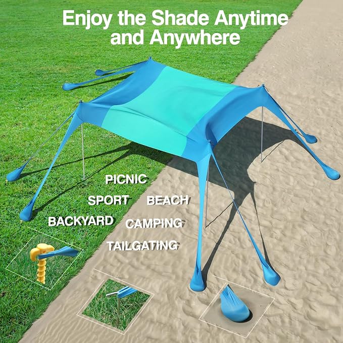 Rhino Valley Beach Tent Shade Canopy UPF50+ Protection, 8 Sandbags, 4 Stability - Image 6